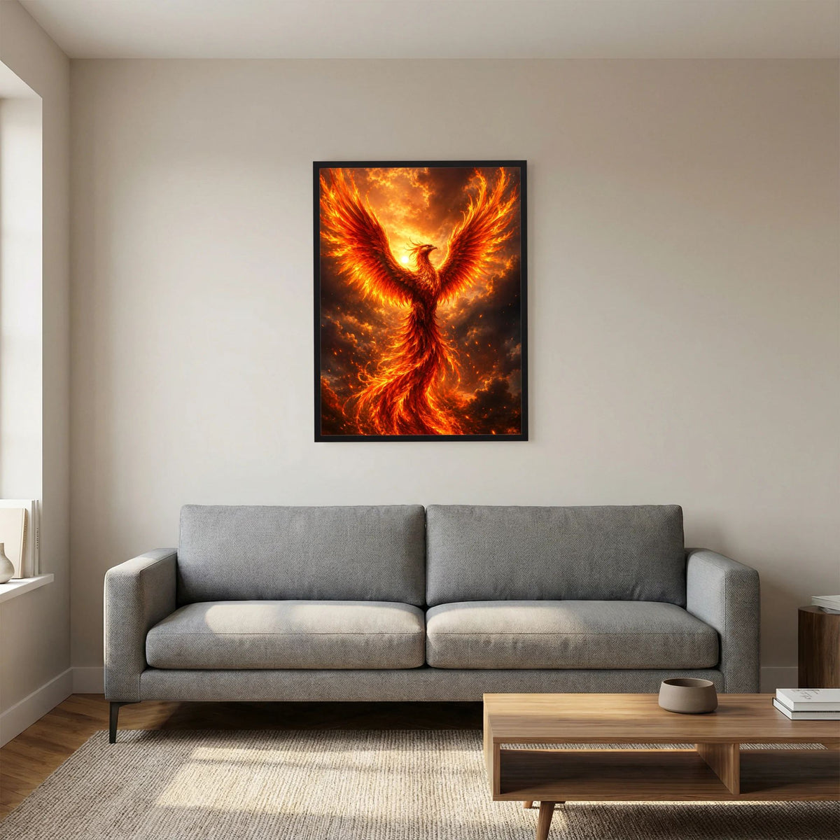 Wandposter mit aufgerichtetem Phönix aus Flammen, goldorange Glut im schwarzen Rahmen