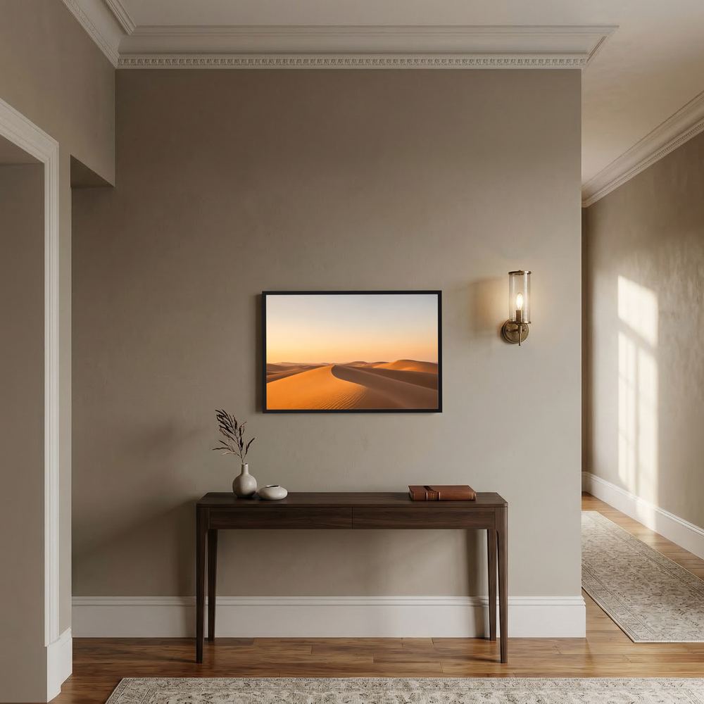 Poster im Querformat mit Wüstenlandschaft und goldenen Sanddünen im Abendhimmel