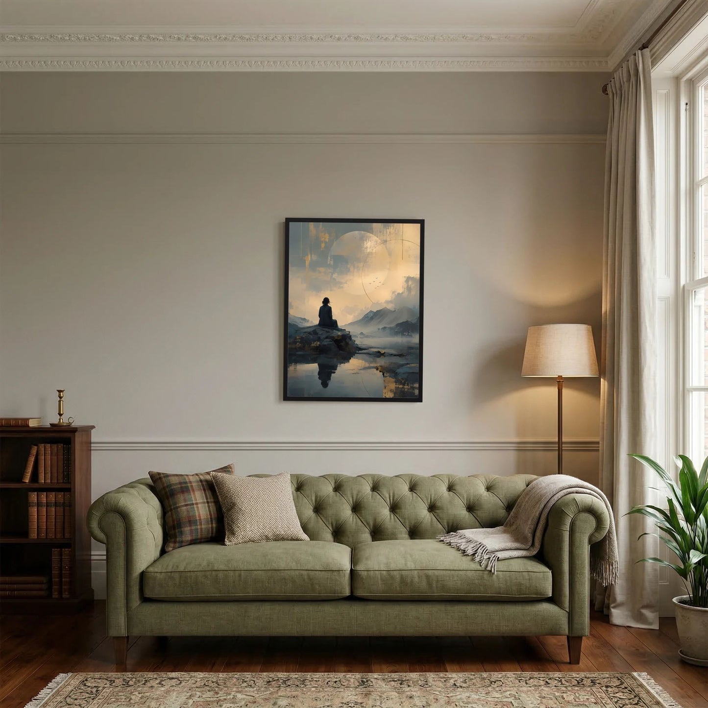 Wandposter im Hochformat mit meditierender Figur auf Felsen und Spiegelung im See