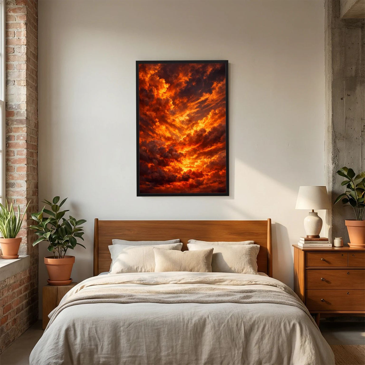 Wandposter im Hochformat mit schwarzem Rahmen: glühende Orange-Rot-Wolken
