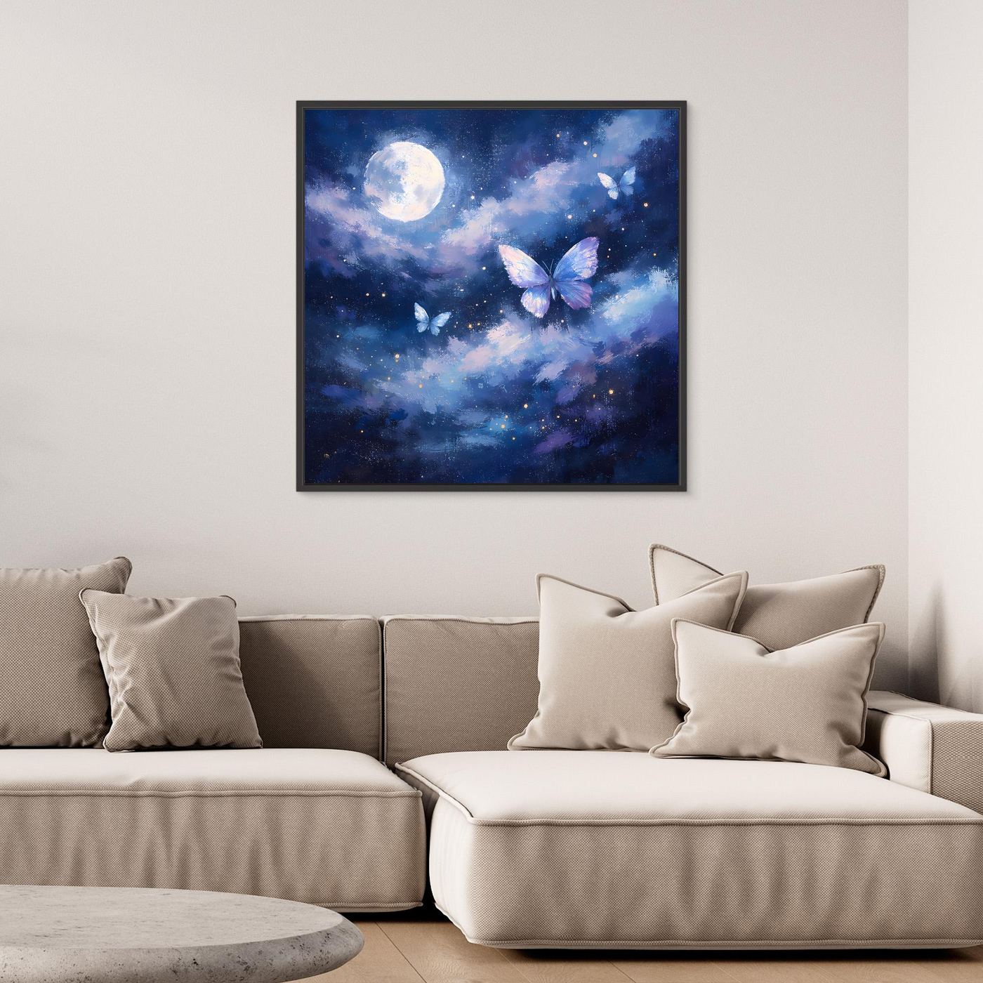 Blaues Leinwand-Wandbild mit Vollmond, Sternen und mehreren Schmetterlingen