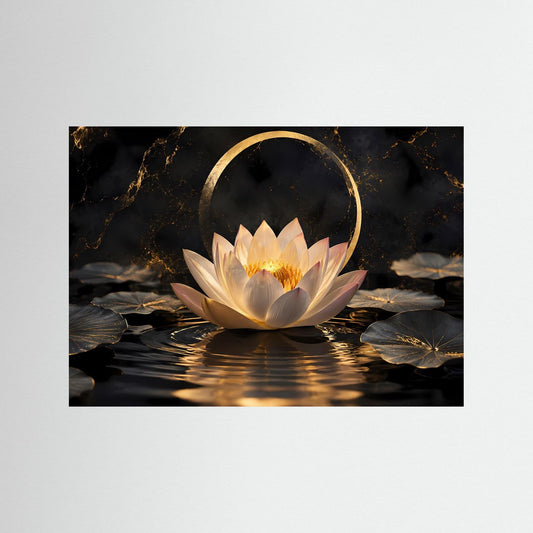 Lotusblüten-Poster mit goldener Lichtring-Optik über dunklem Wasser, in dunklem Rahmen