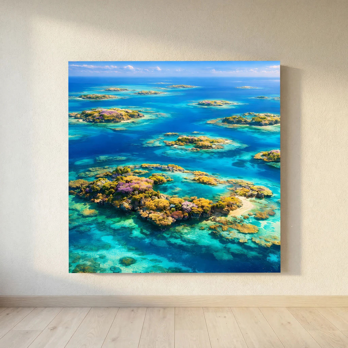 Quadratisches Leinwandbild auf Holzkeilrahmen mit tropischem Inselmeer und Riffinseln