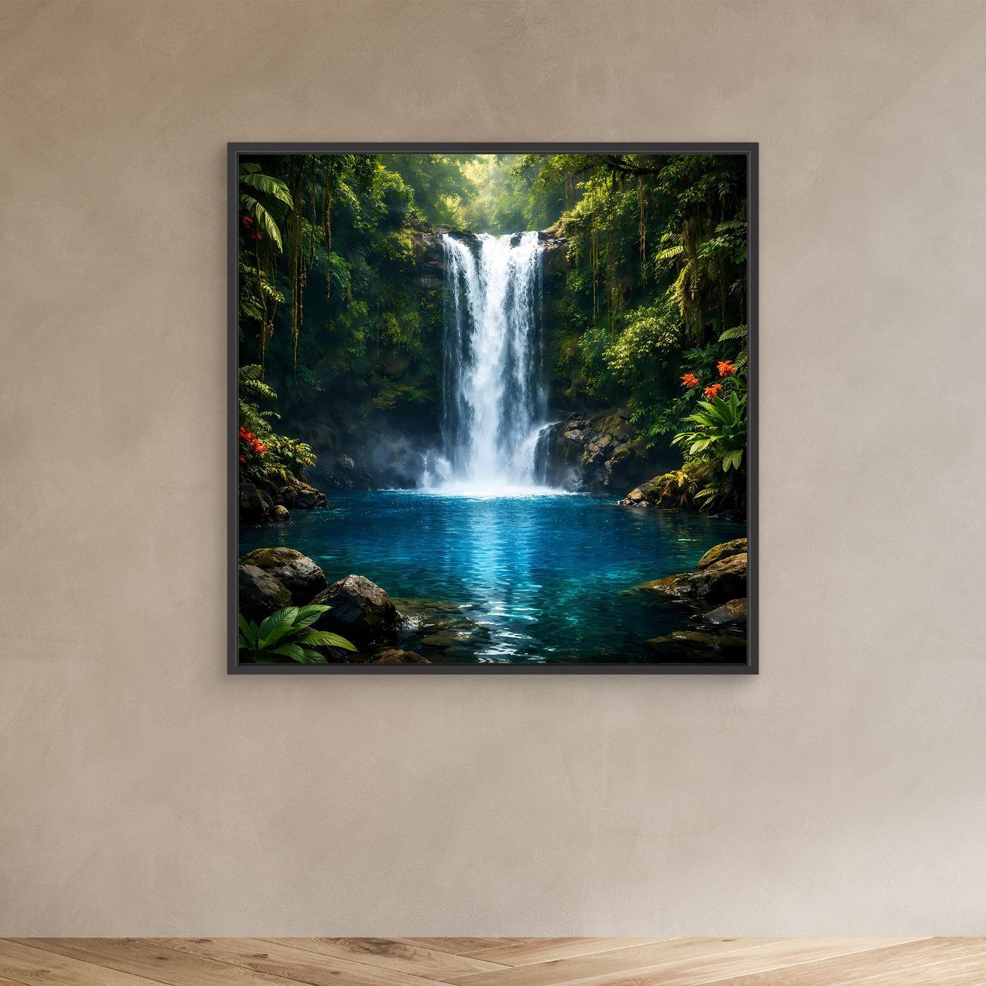 Leinwandbild mit Dschungel-Wasserfall und türkisblauem Wasser, schwarzer Rahmen