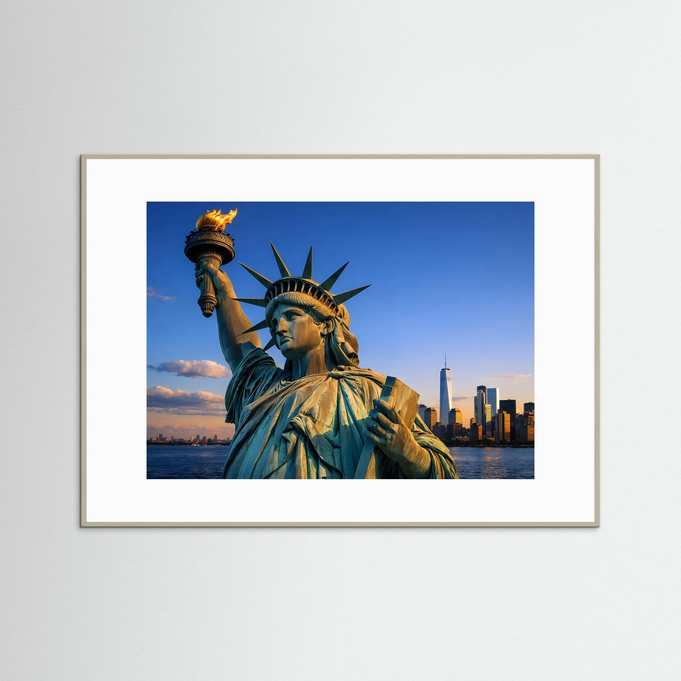 Poster mit Freiheitsstatue und New York Skyline, heller Holzrahmen, Querformat