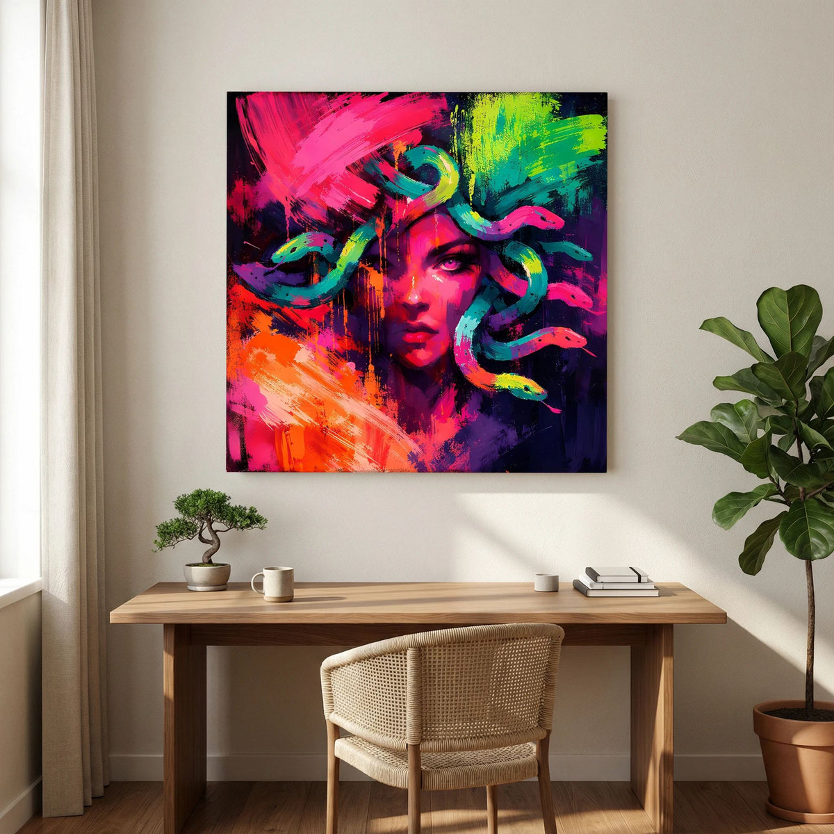Leinwandbild mit Medusenillustration in Neonfarben, schwarzer Rahmen, beidseitiger Farbverlauf