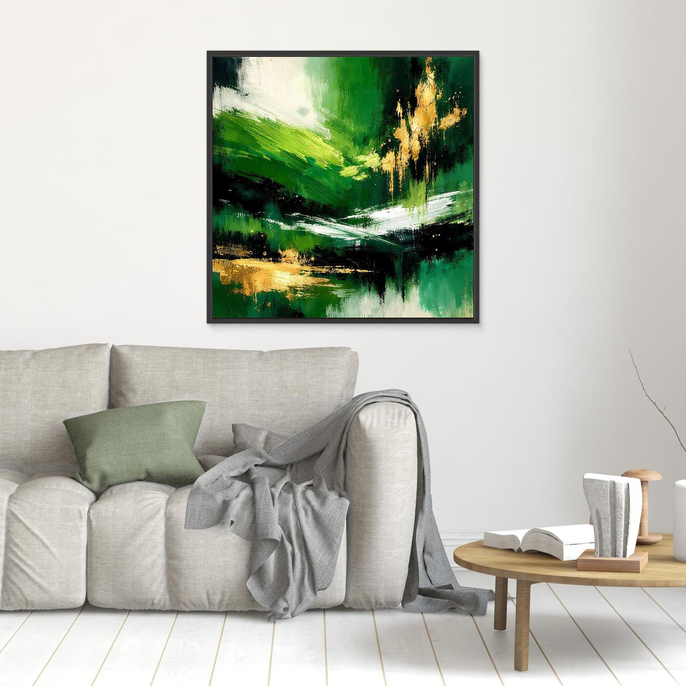 Leinwand Abstraktes Landschaftsgemälde in Smaragdgrün und Gold | Modernes Natur Wandbild