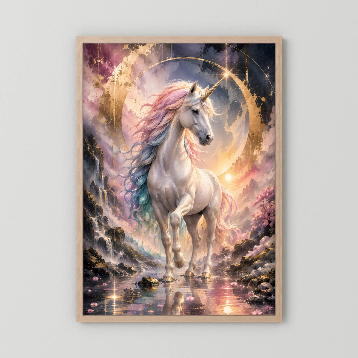 Einhorn-Poster mit Holzrahmen: graues Pferd, pastellfarbener Schweif, goldener Lichtkreis