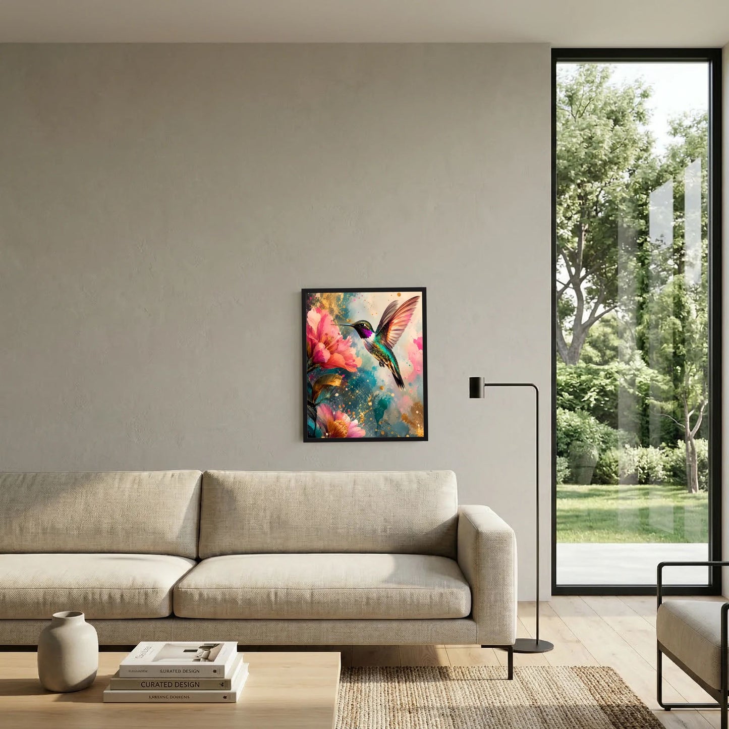 Gerahmtes Hochformat-Kunstposter mit Kolibri und rosa Blüten, farbige Farbverläufe