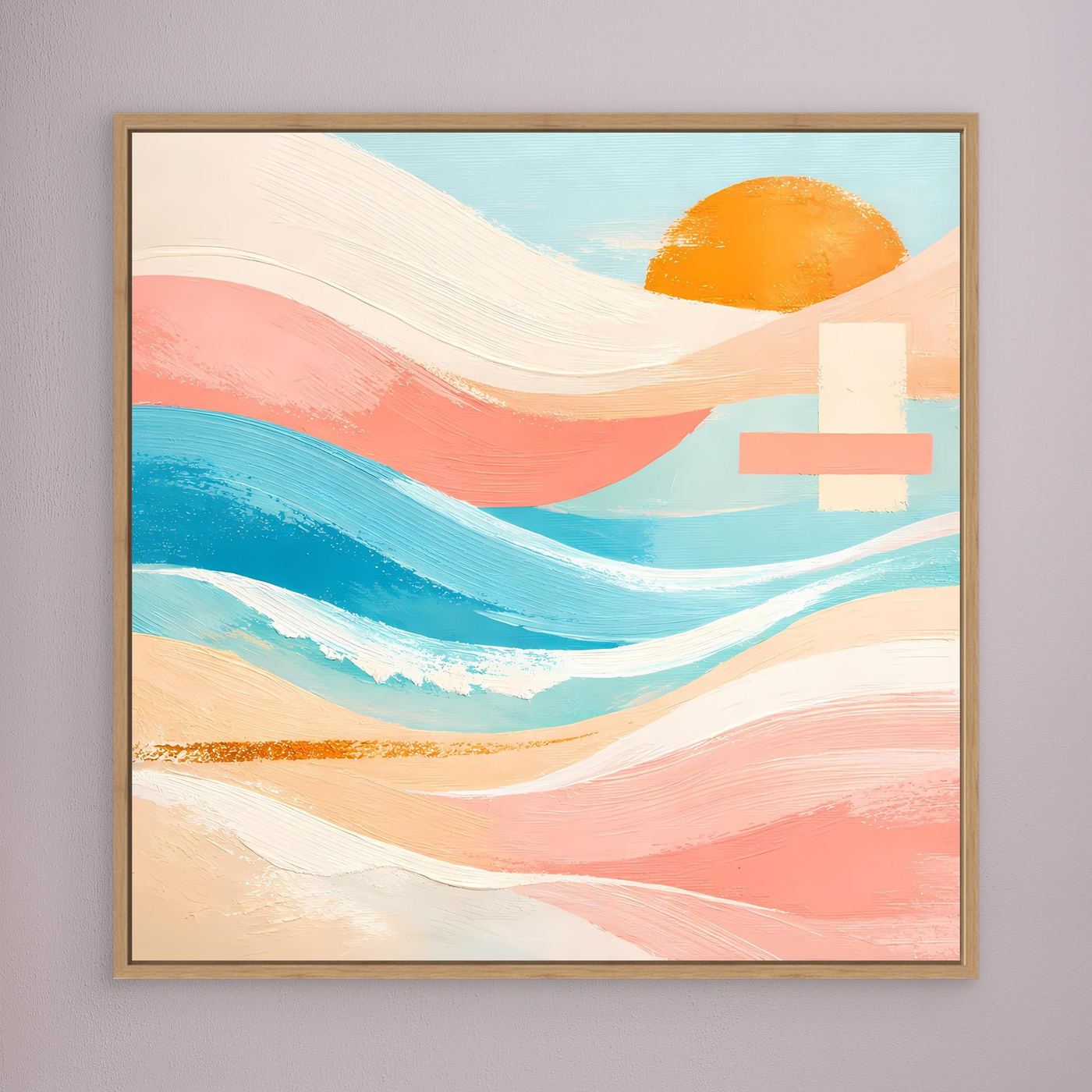 Leinwandbild mit abstrakten Meereswellen in Pastellfarben und orangefarbener Sonne, goldfarben gerahmt