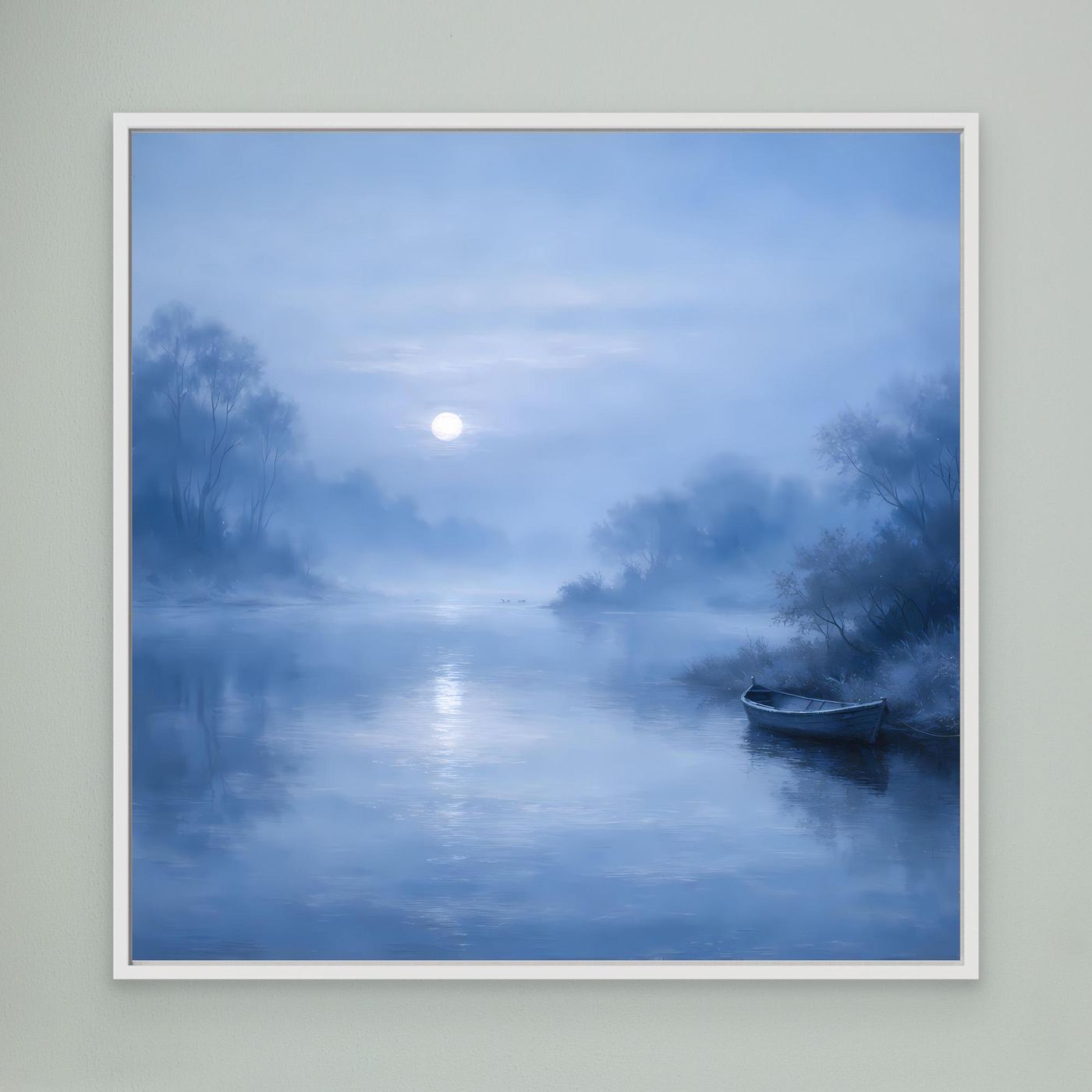 Blaues Leinwandbild mit Mond über ruhigem Fluss und Boot, weißer Rahmen