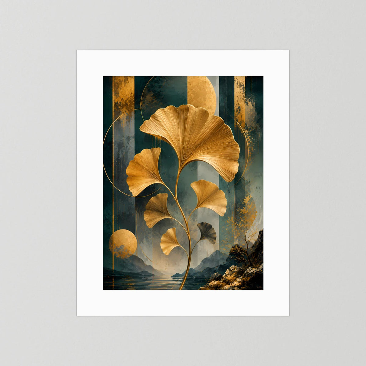 Abstraktes Ginkgo-Poster mit weißem Rand und goldenen Blättern auf Petrol, Schwarz & Gold