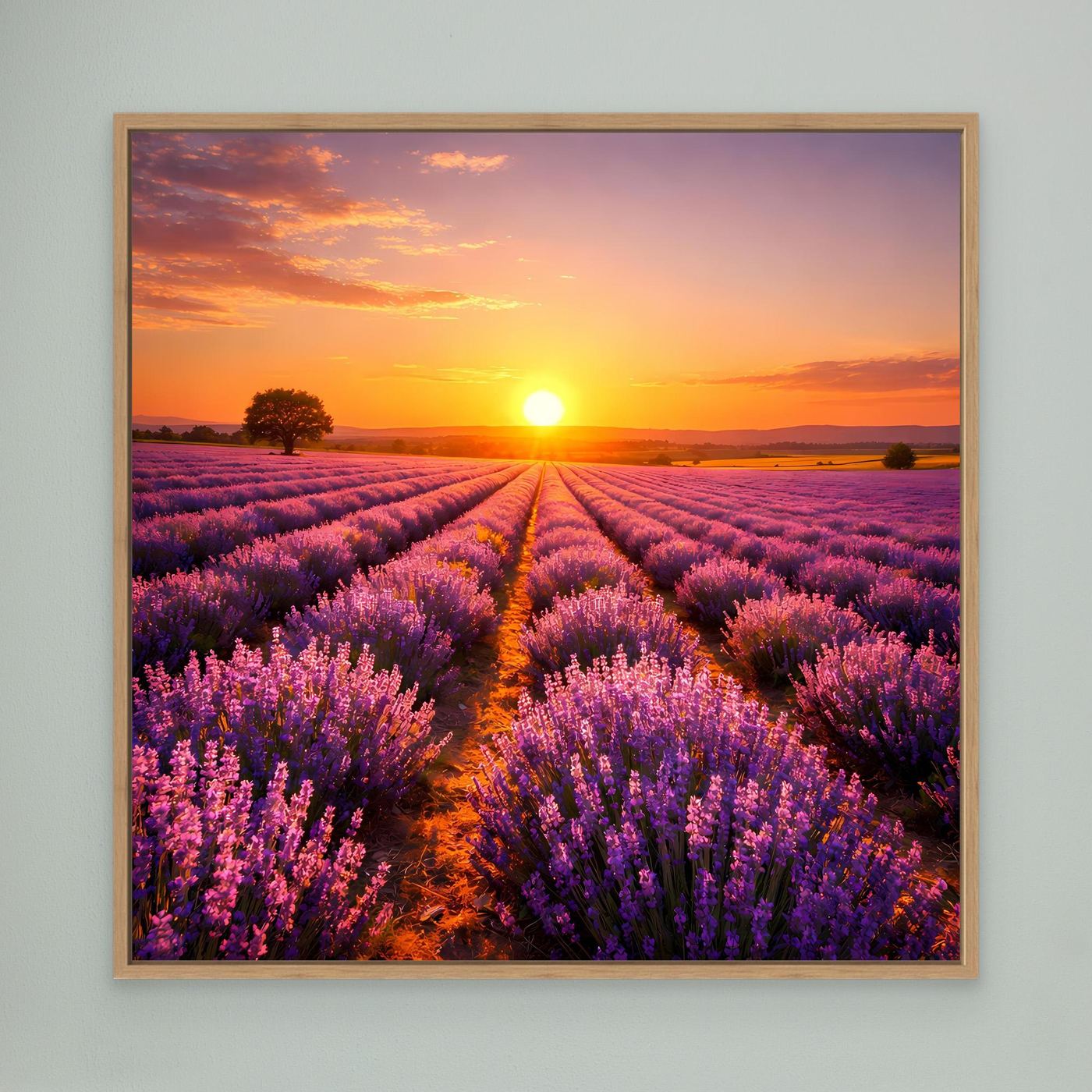 Leinwandbild Lavendelfeld mit Sonnenuntergang, Eichenrahmen