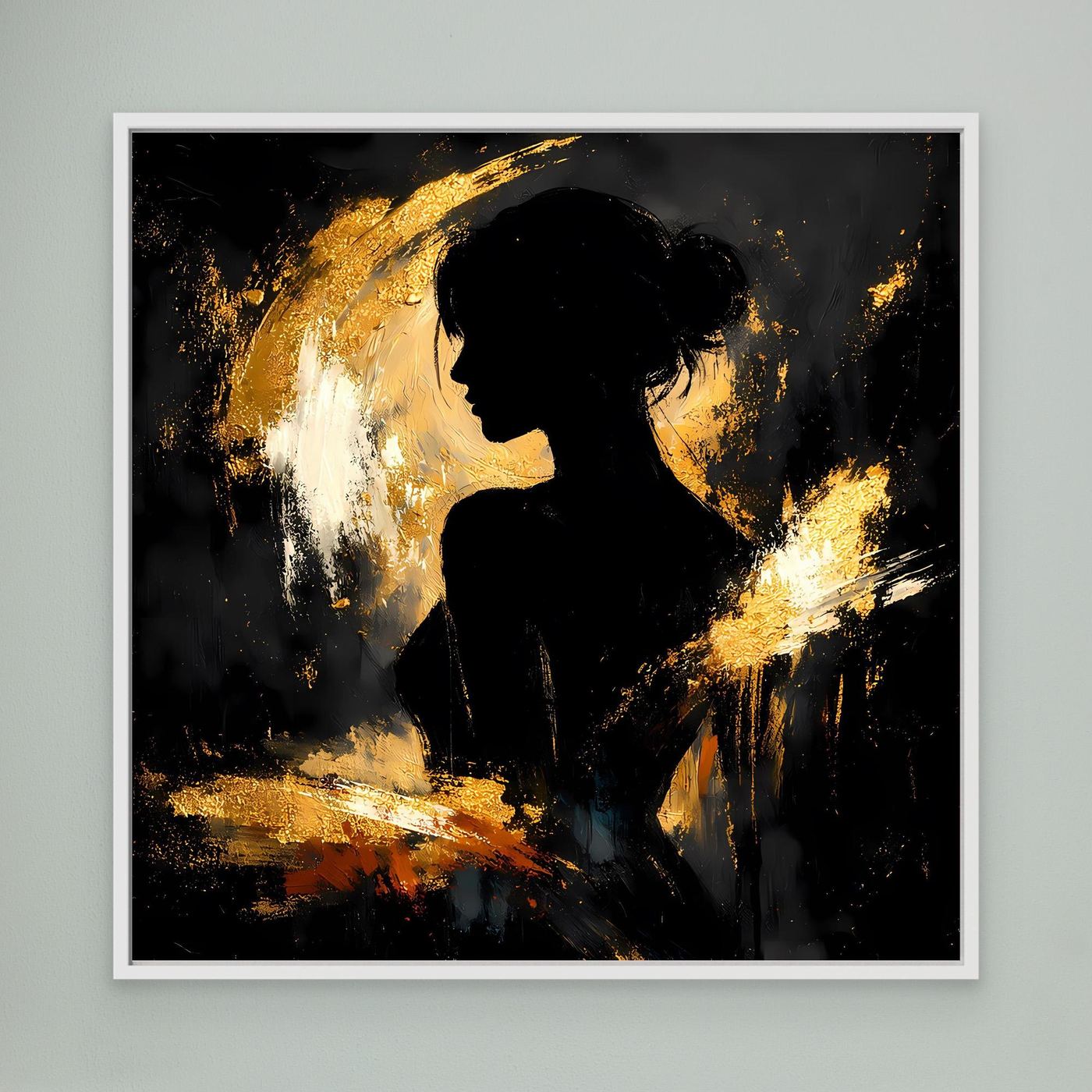 Leinwand Elegante Silhouette in Gold und Schwarz | Modernes Abstraktes Frauen Portrait Wandbild