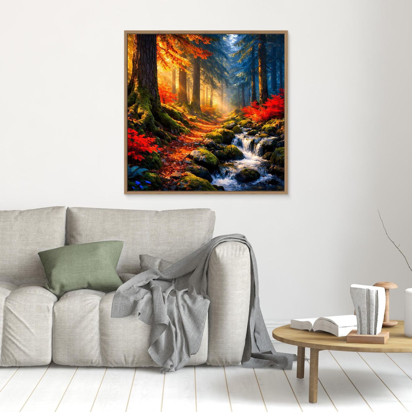 Wandbild mit Herbstwald und Bach, warmes Licht, goldener Holzrahmen kleinformatig