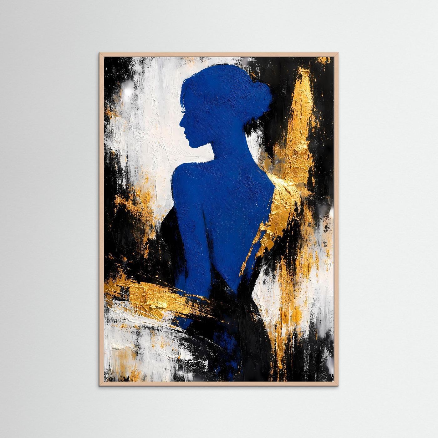 Abstraktes Frauen-Silhouette Poster mit hellbraunem Holzrahmen, blaues Motiv auf schwarz-gold