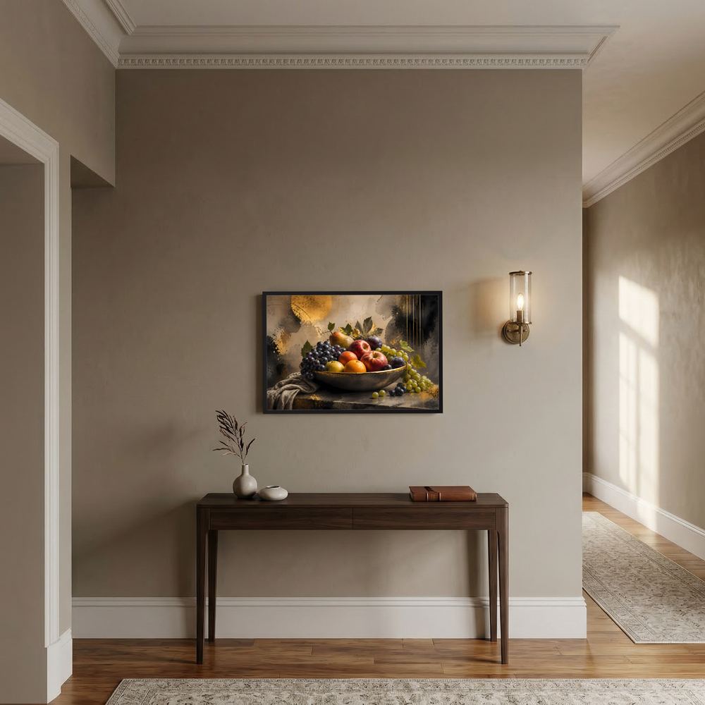 Querformat-Poster mit Obststillleben in Schwarz und Gold, gerahmt
