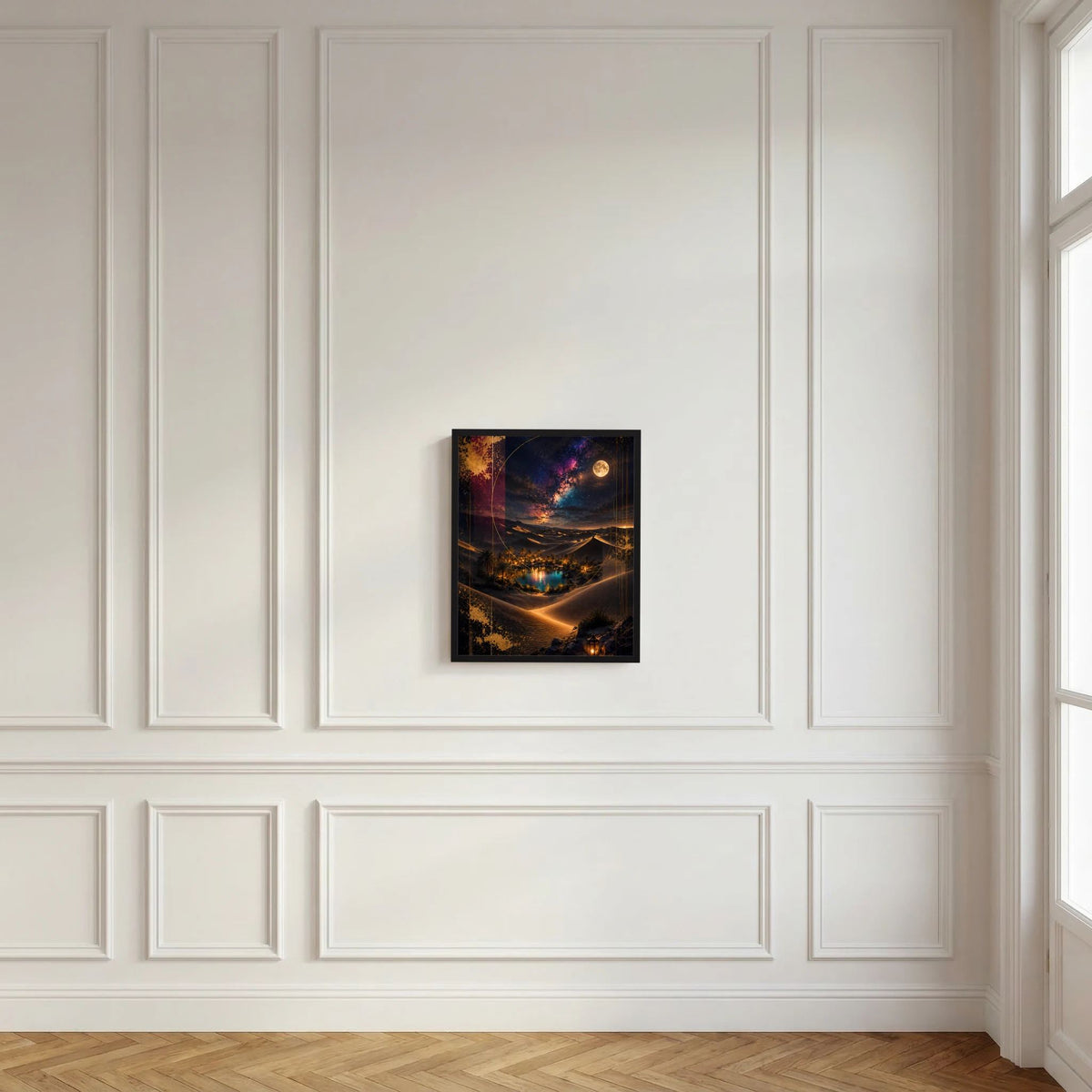 Hochformatposter im schwarzen Rahmen in der weißen Wandnische, Wüstenoase bei Nacht