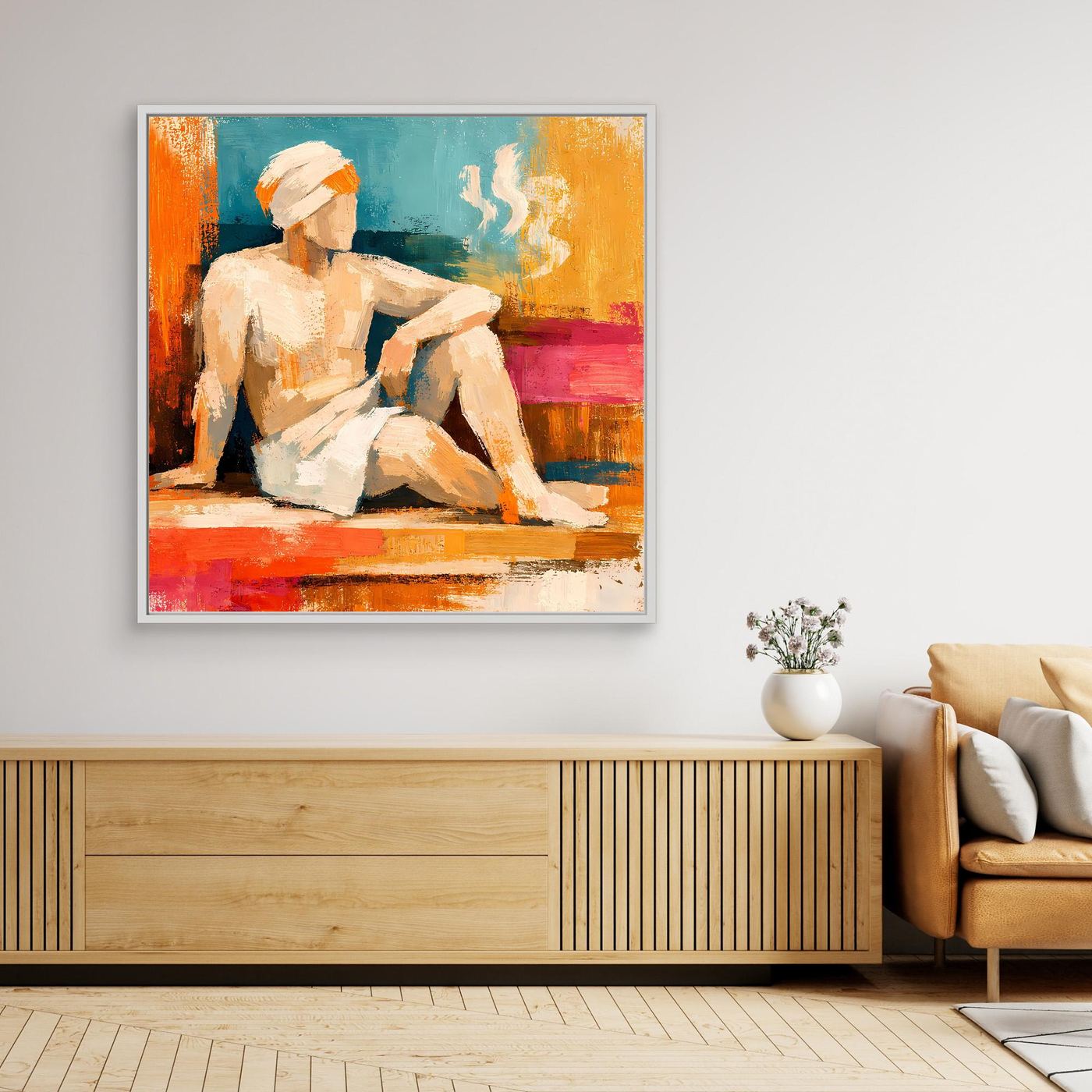 Abstract canvas sauna wall art with seated figure and white frame, colorful brushstrokes