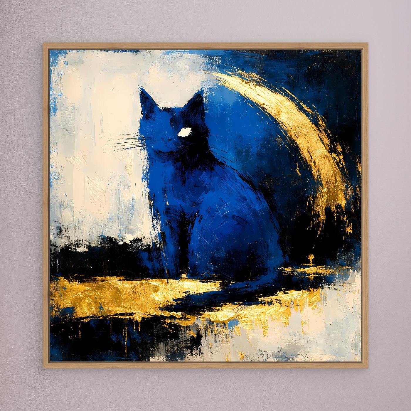 Gerahmtes Leinwand-Wandbild: blaues Tiermotiv mit Goldbogen, Holzrahmen