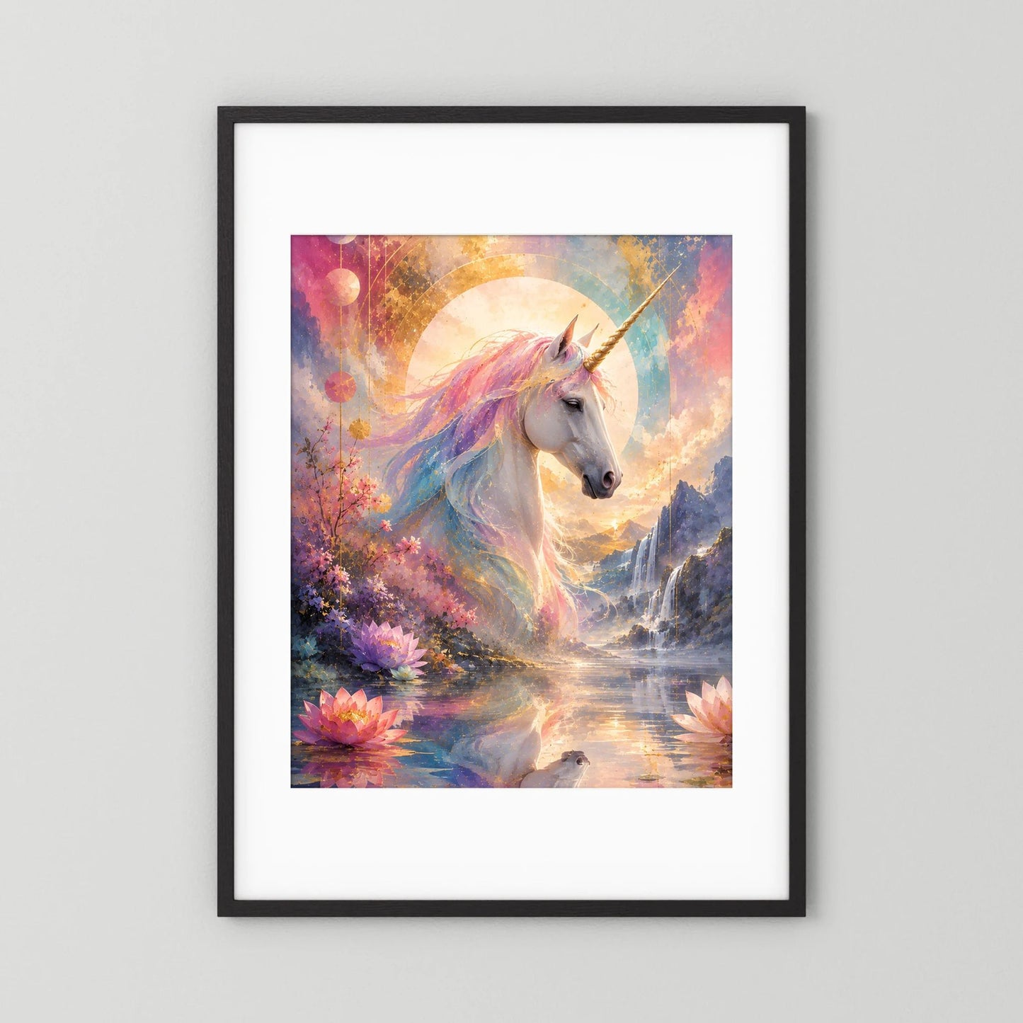 Gerahmtes Fantasy-Poster: Einhorn auf Wasser, Pastellfarben mit Lotusblüten, schwarzer Rahmen