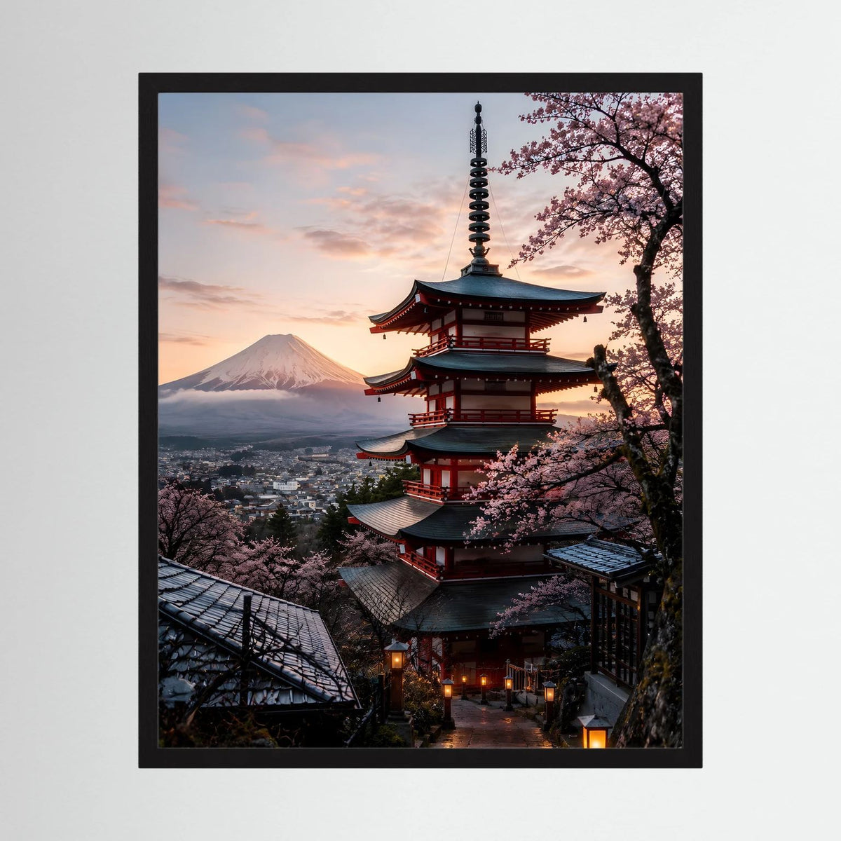 Gerahmtes Poster im Hochformat: Pagode, Kirschblütenbaum und Fuji bei Sonnenuntergang