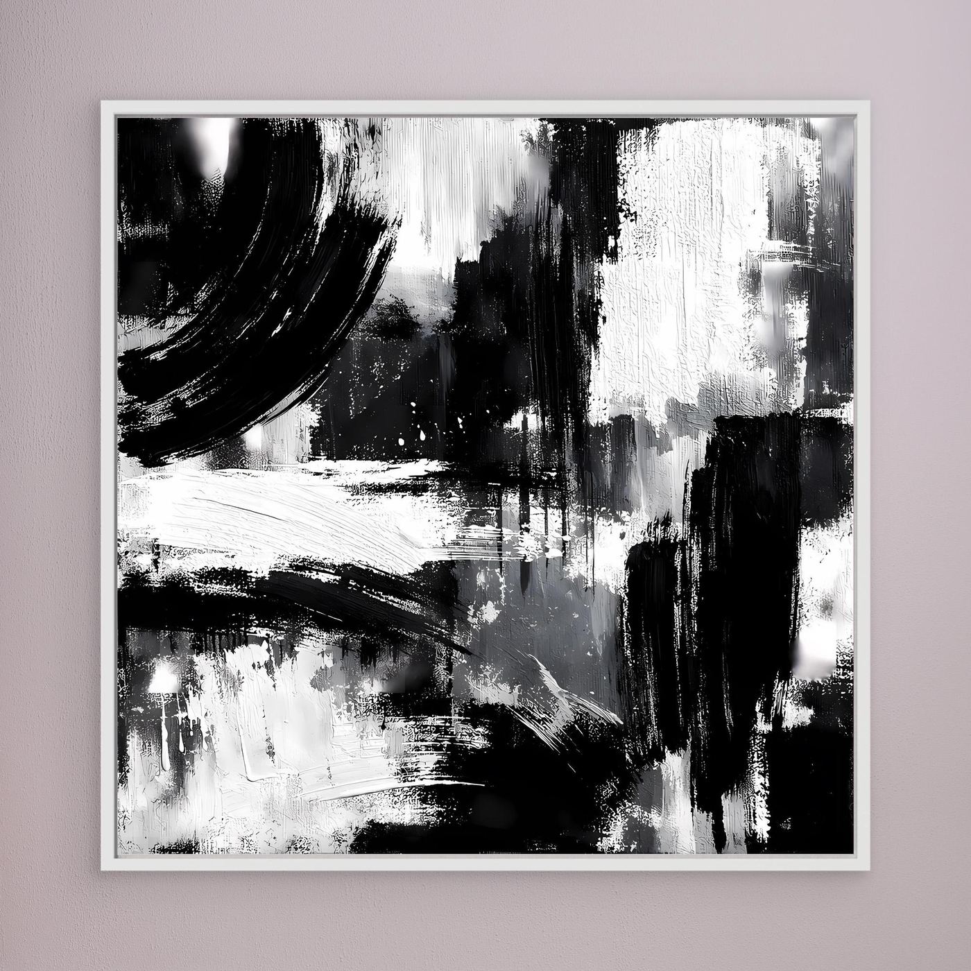 Framed abstract canvas with sweeping black strokes and light gray paint splashes