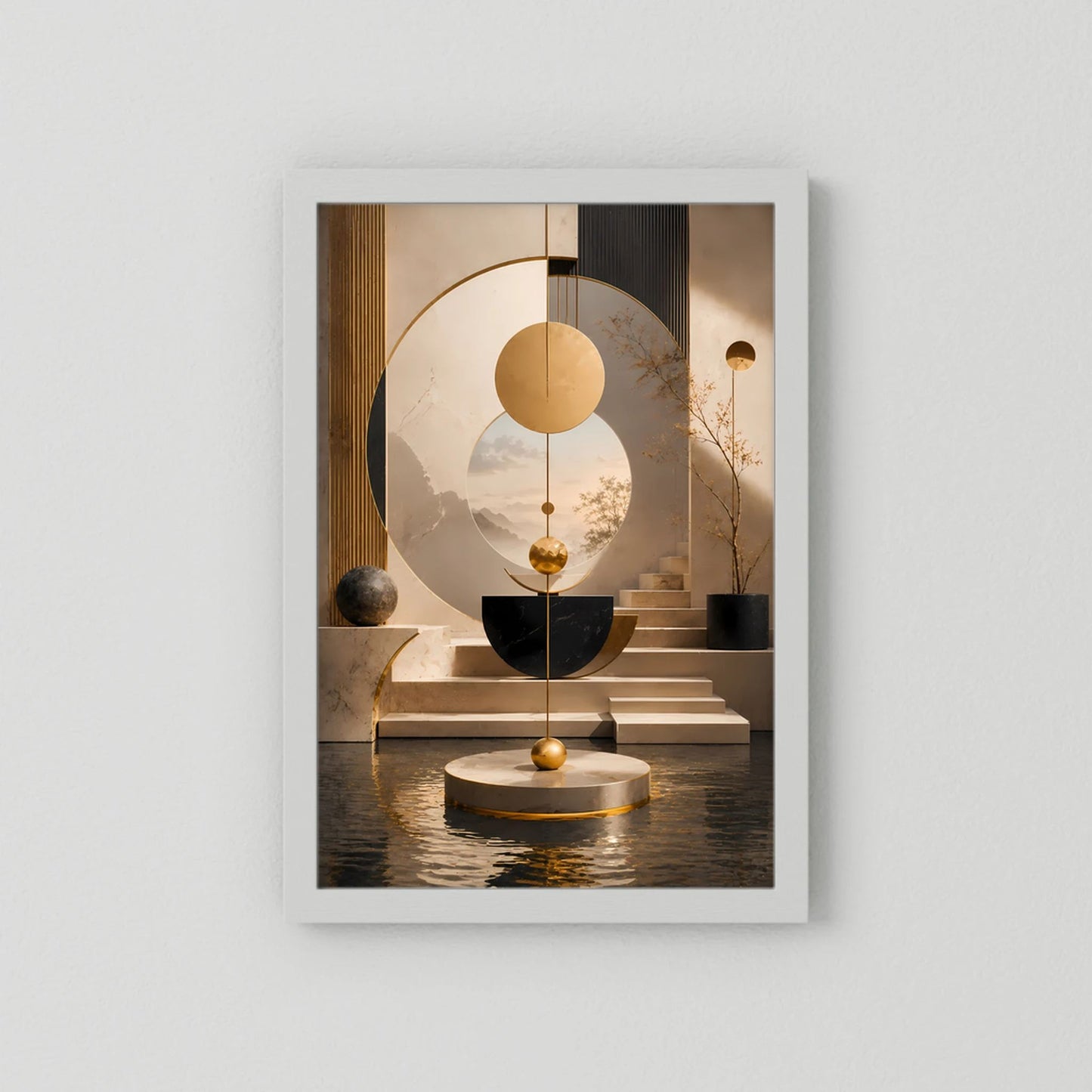 Hochformatiges Poster mit geometrischen Kreisen in Creme, Schwarz & Gold, weißer Rahmen