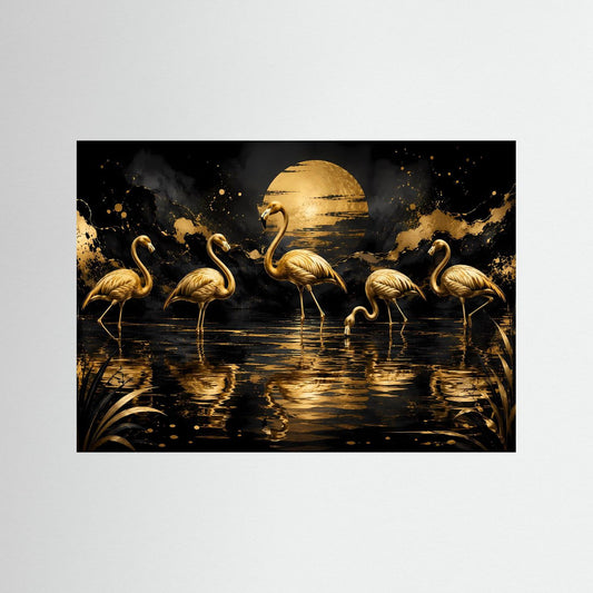Querformat-Wandbild mit goldenen Flamingos vor Mondsichel und Wasserreflexionen