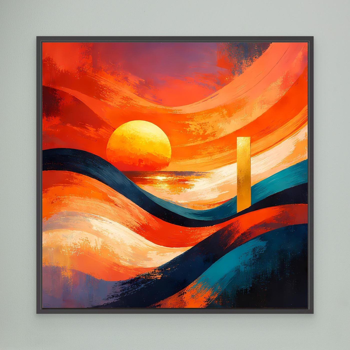 Leinwandbild mit abstraktem Sonnenuntergang: orangefarbene Sonne, geschwungene Wellen, blau-orange, schwarzer Rahmen