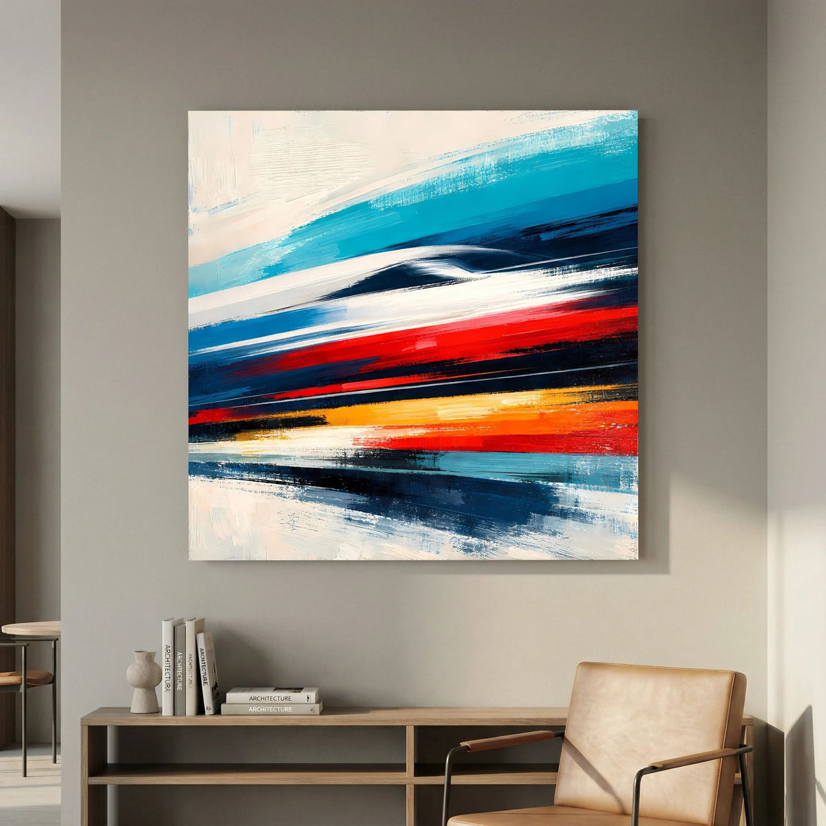 Abstraktes Leinwandbild mit Farbband-Optik aus Blau, Rot und Schwarz auf Leinwand