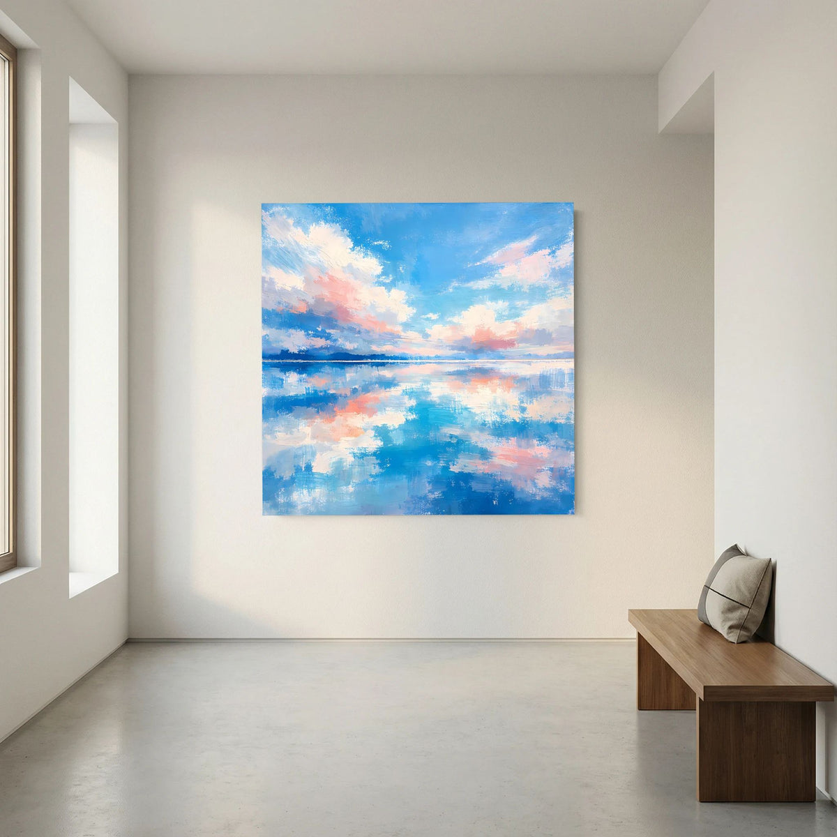 Abstrakte Meereslandschaft auf Keilrahmen mit Wolken in Blau und Rosa
