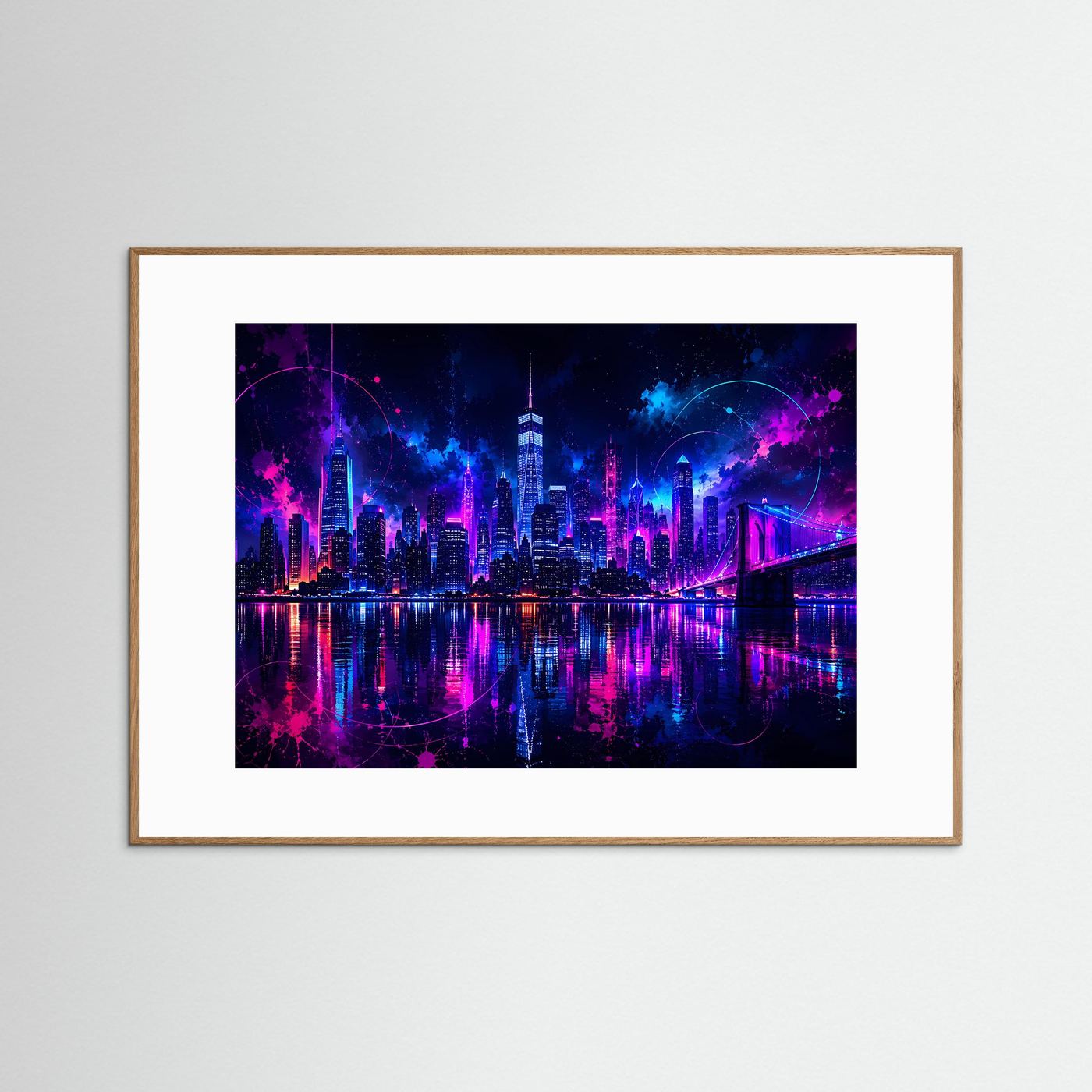 Neon New York Skyline Poster | Futuristische Cyberpunk Stadt bei Nacht | Moderne Wandkunst in Pink & Blau