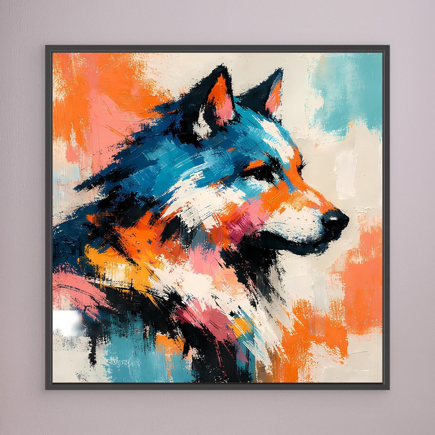 Abstrakte Wolf-Leinwand, blau-schwarz mit orangefarbenen Spritzern, dunkel gerahmt