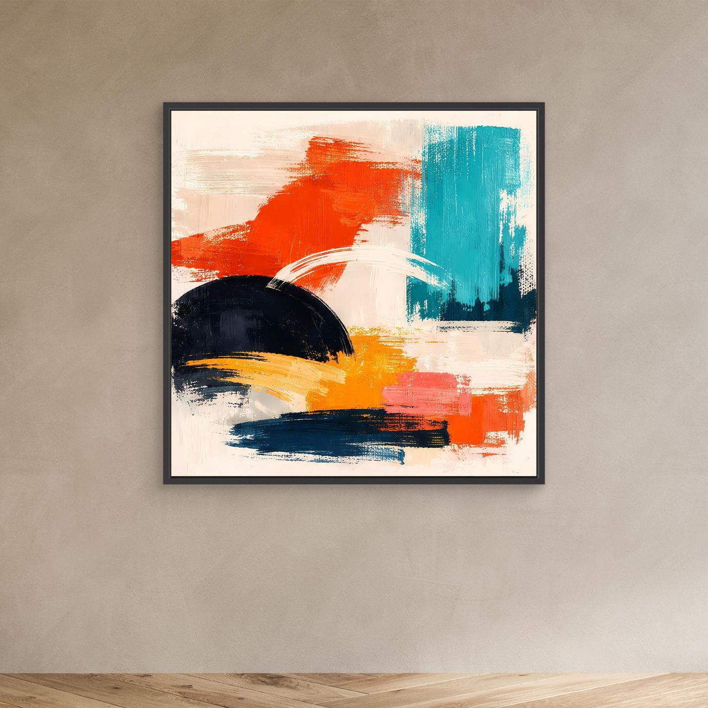 Abstraktes Leinwandbild im schwarzen Rahmen mit orange, türkis und schwarzen Farbstrichen