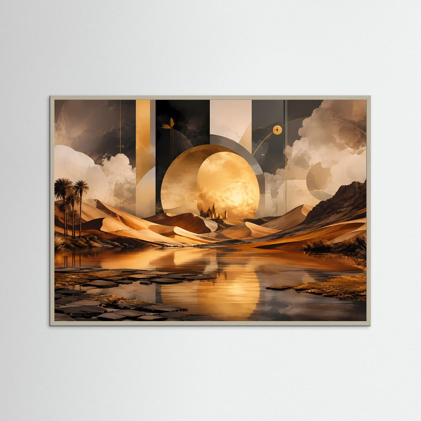 Surreale Wüstenlandschaft in Gold | Oase, Sonne & abstrakte Geometrie