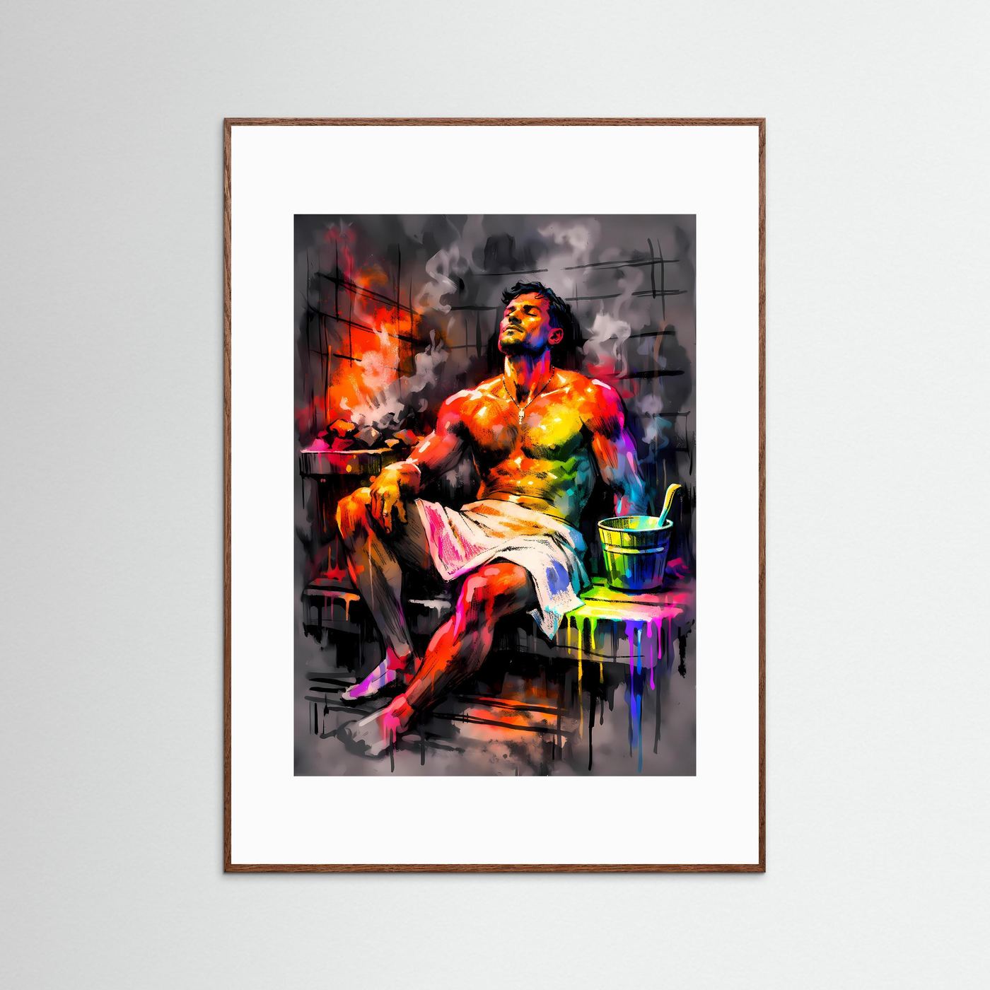 Die Kunst der Entspannung | Neon Sauna Poster mit männlicher Silhouette & Regenbogen-Farben | Abstraktes Pop-Art Kunstposter Hochformat