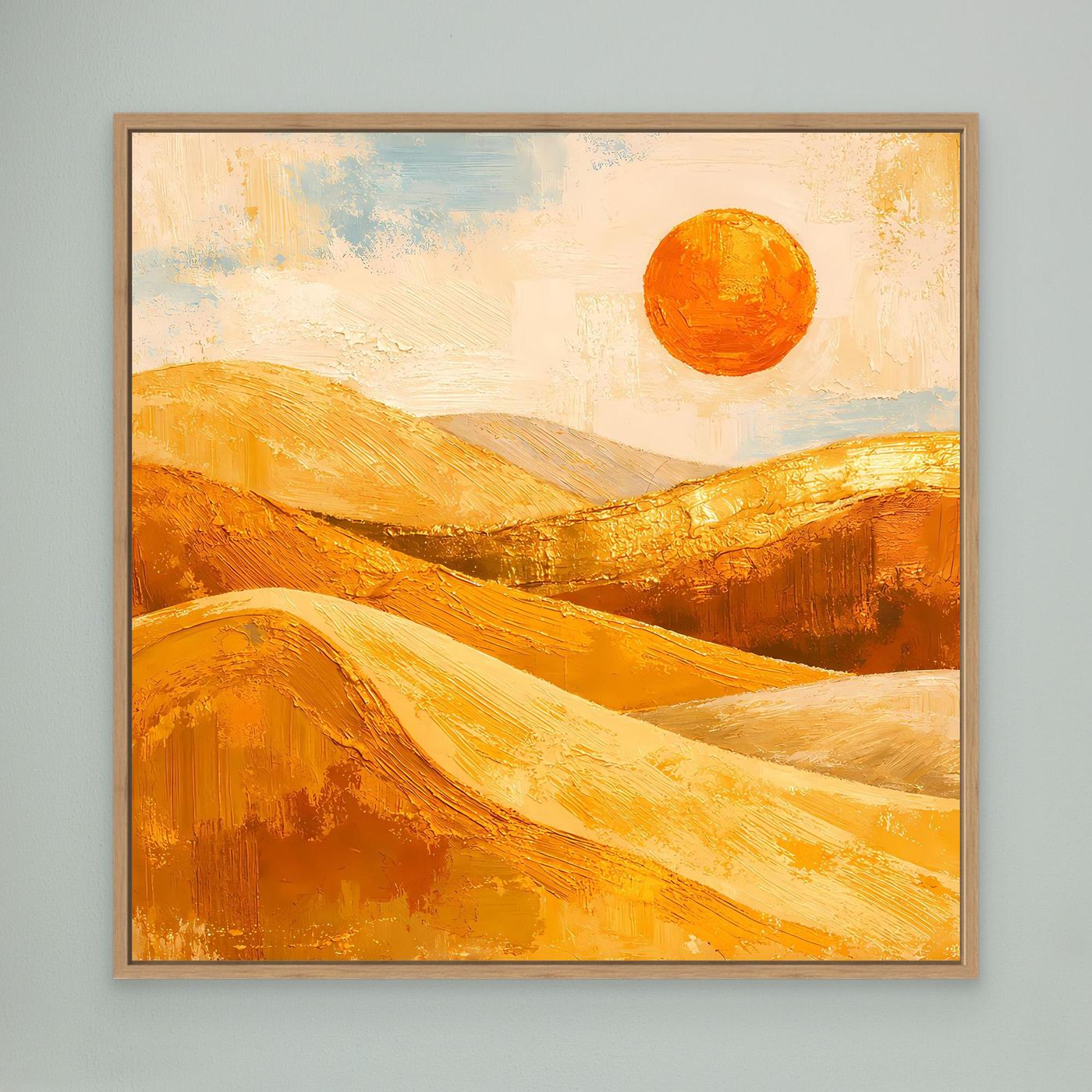 Abstraktes Leinwand-Wandbild mit braunem Rahmen: goldene Dünen und orangefarbene Sonne