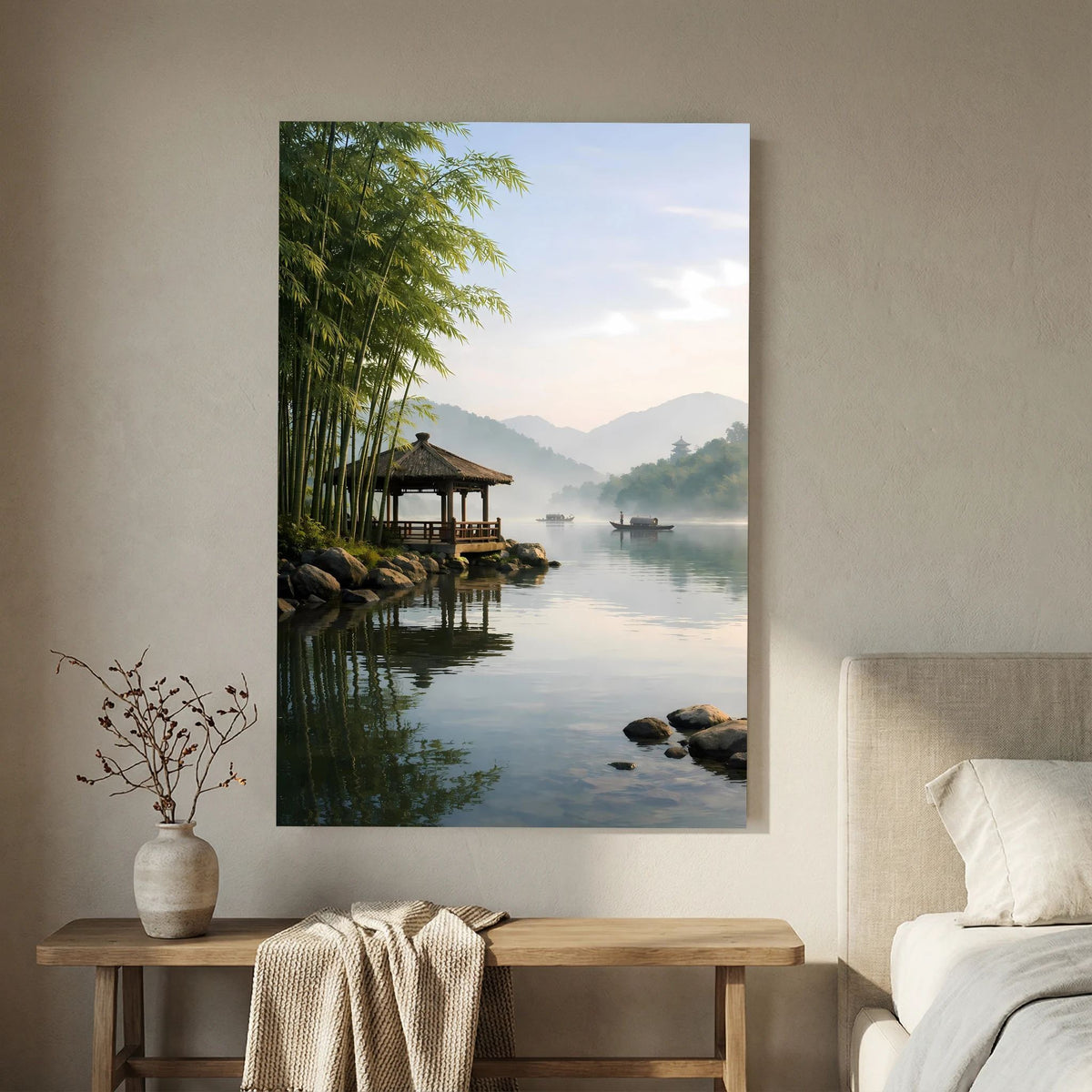 Hochformat-Wandbild: Bambusallee am Ufer, Stegpavillon am stillen Fluss