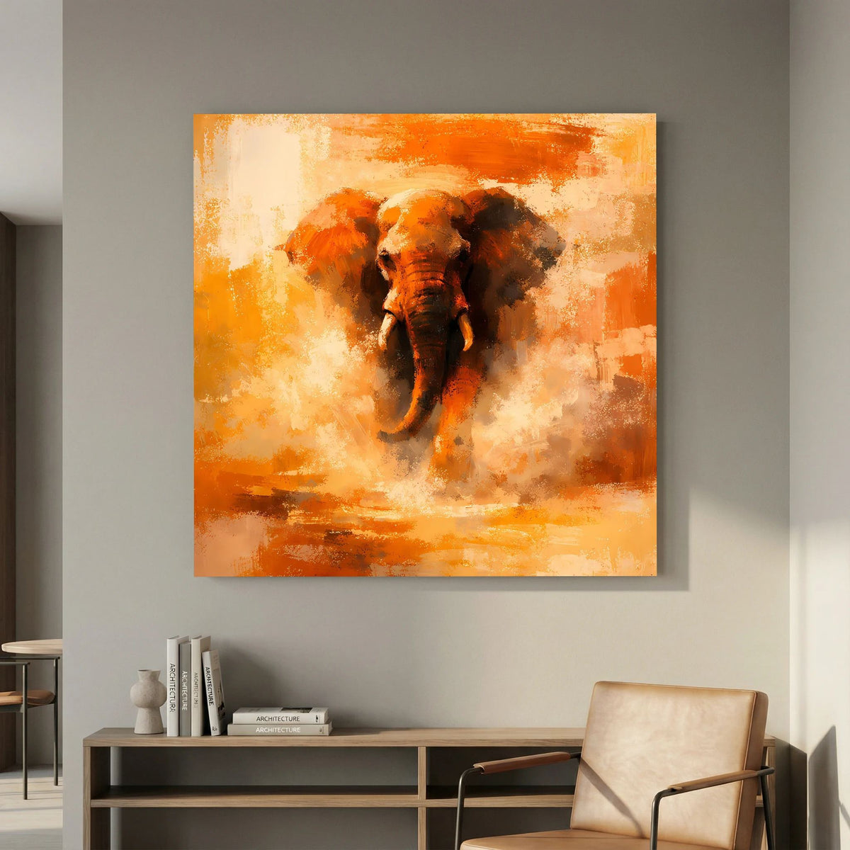 Leinwand Abstraktes Elefanten Gemälde | Modernes Kraftvolles Tier Wandbild Orange Ocker