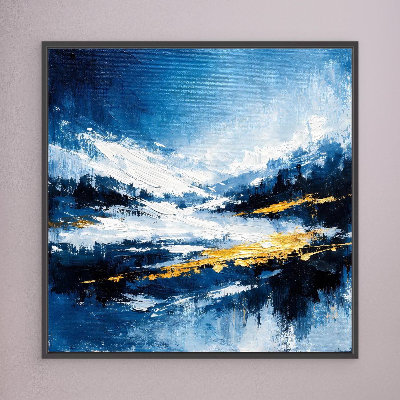 Leinwand Abstraktes Wintergemälde in Blau und Gold | Modernes Schnee & Berge Wandbild
