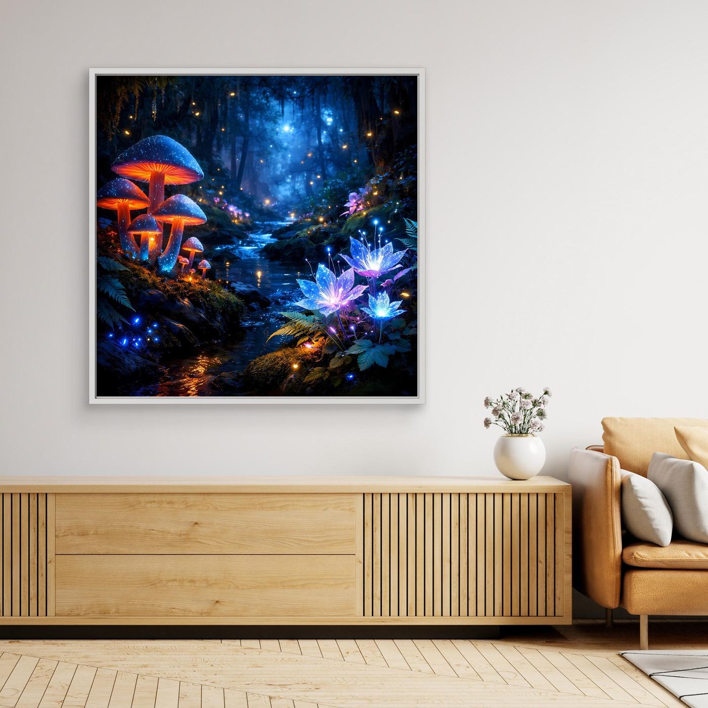 Leinwandbild mit leuchtendem Fantasy-Zauberwald und blauen Pilzen, weißer Rahmen