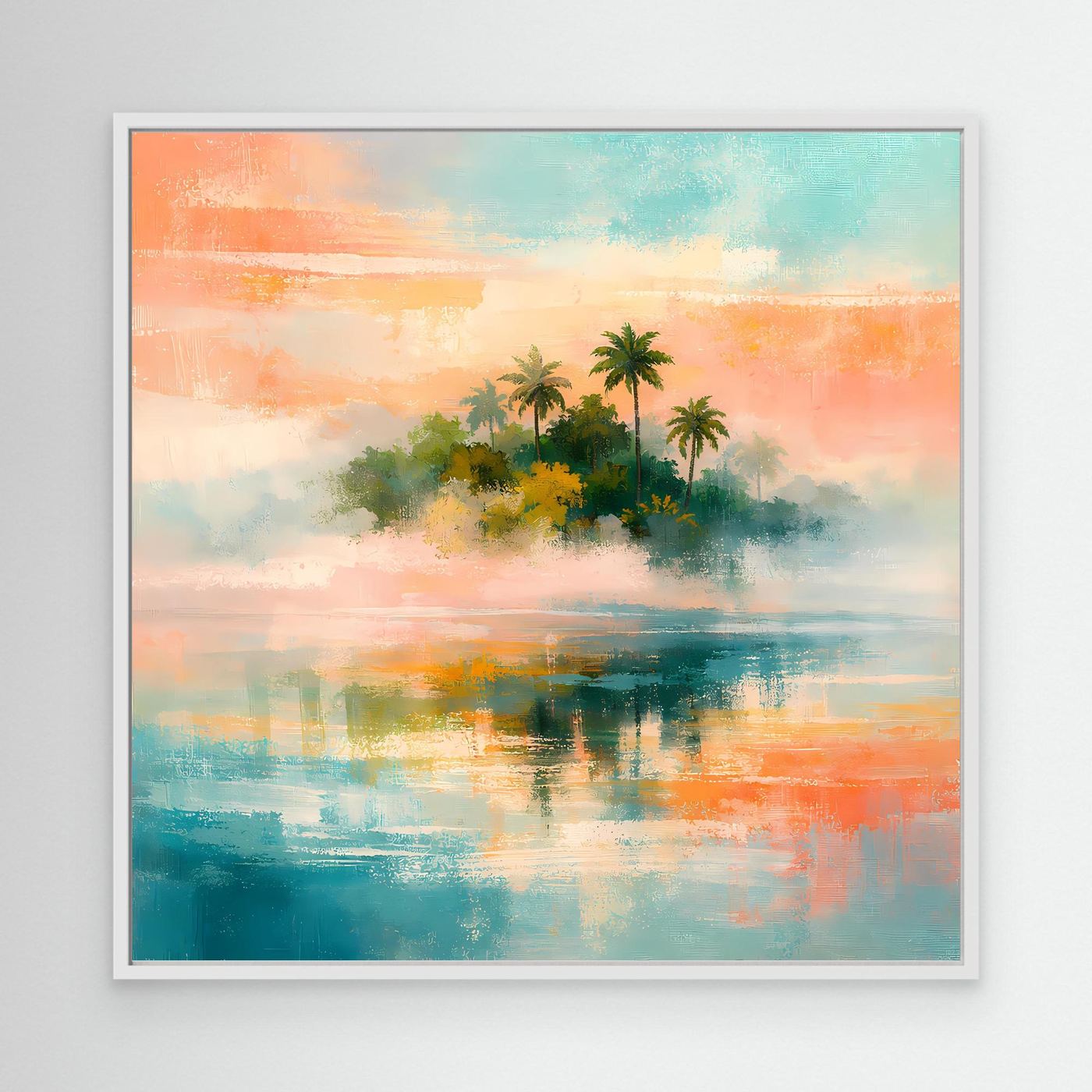 Abstraktes Wandbild mit Palmeninsel und Meer, türkis-rosa Farbverlauf im weißen Rahmen
