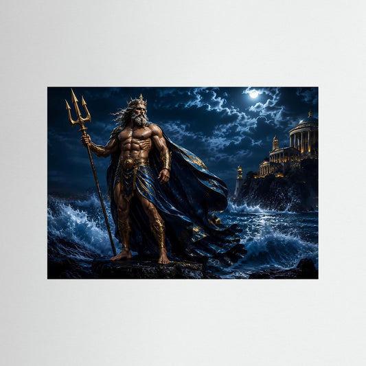 Querformat-Poster: Poseidon mit Dreizack, aufgewühlte See und dunkler Himmel