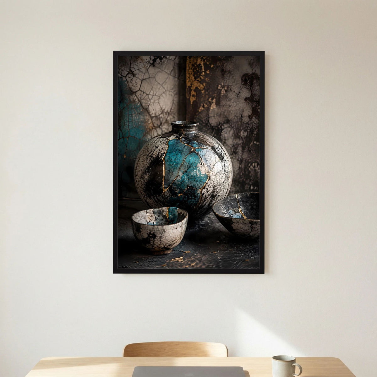 Schwarz gerahmtes Poster im Hochformat mit türkis-goldener Keramikvase und zwei Schalen
