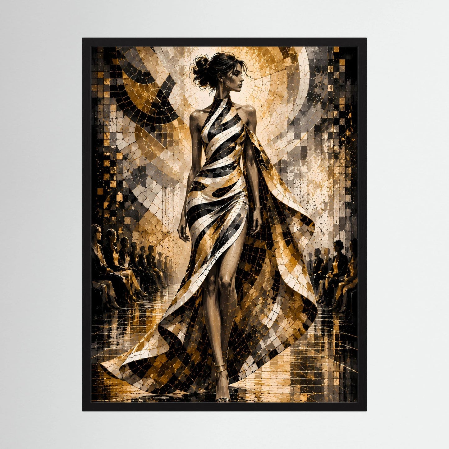 Hochformat-Poster mit stilisierter Frau im Kleid in Schwarz, Weiß und Gold, schwarz gerahmt