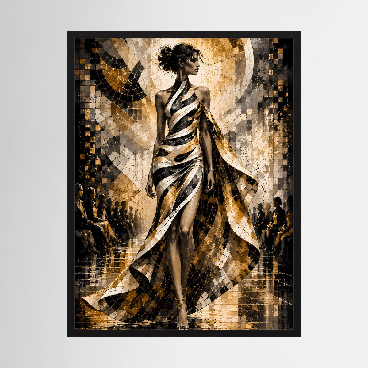 Hochformat-Poster mit stilisierter Frau im Kleid in Schwarz, Weiß und Gold, schwarz gerahmt