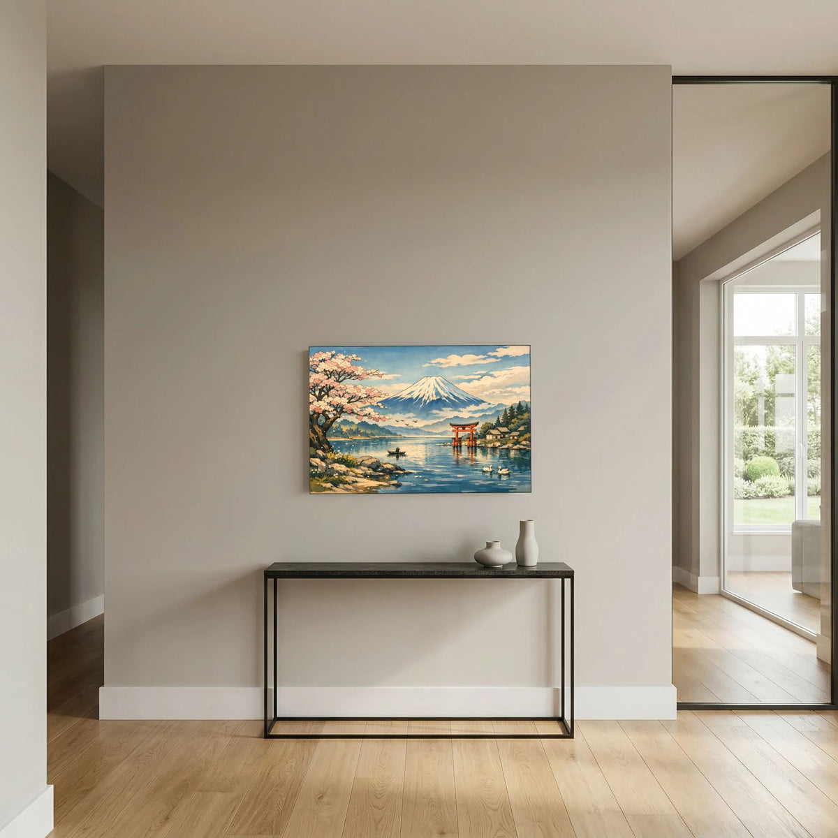 Wandbild im Querformat mit Fuji über See und Kirschblüten, an der Wand