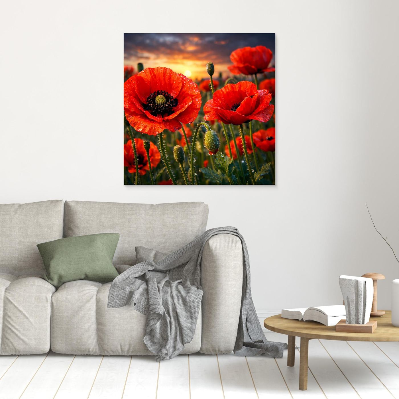 Kleines gerahmtes Leinwandbild mit rotem Klatschmohn im Abendhimmel, schwarzer Rahmen