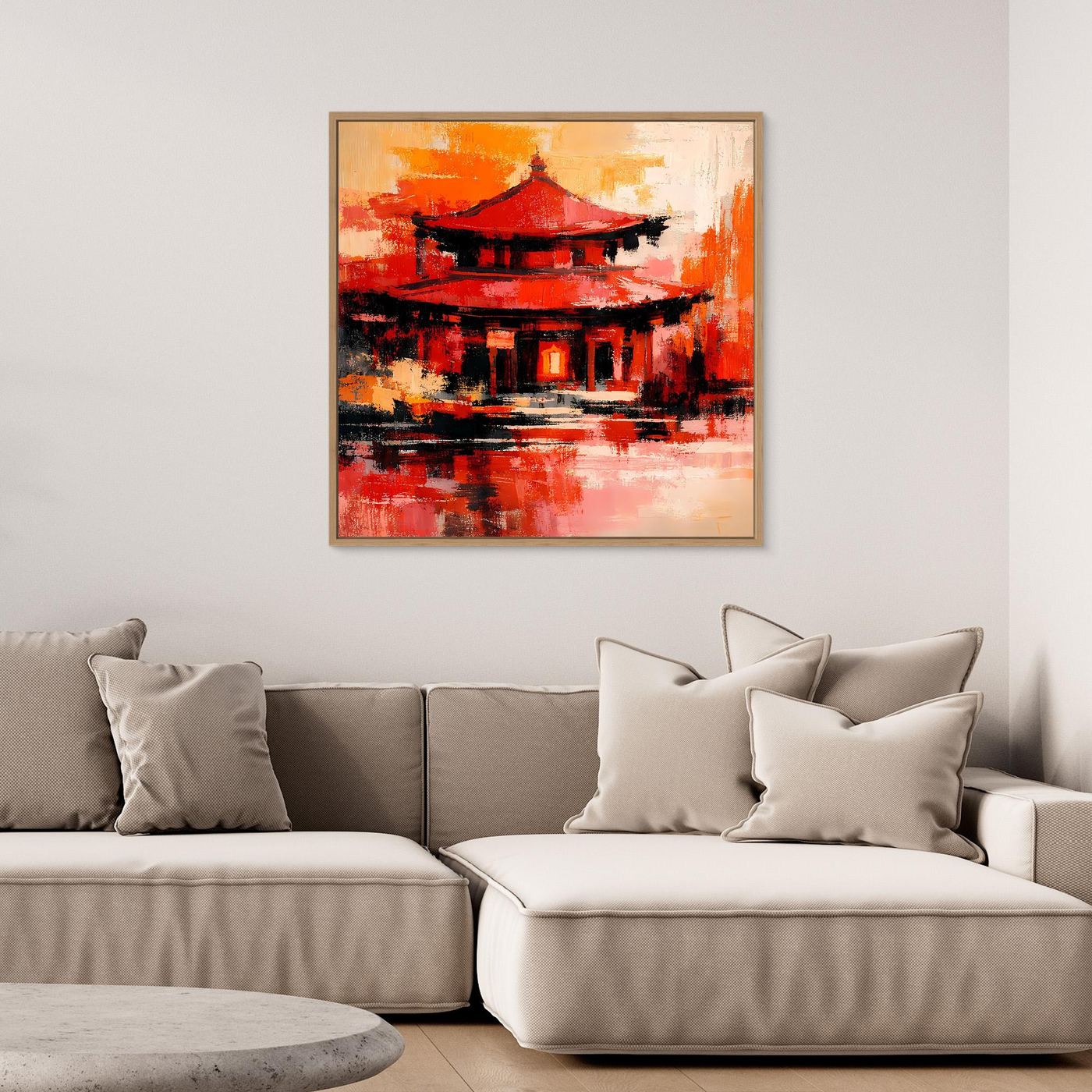 Gerahmtes Leinwandbild mit roter Pagode und Tempel, weißer Rahmen